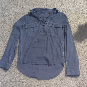 “SO” tie up, blue grey shirt